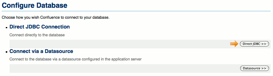 Confluence direct JDBC database connection selection.