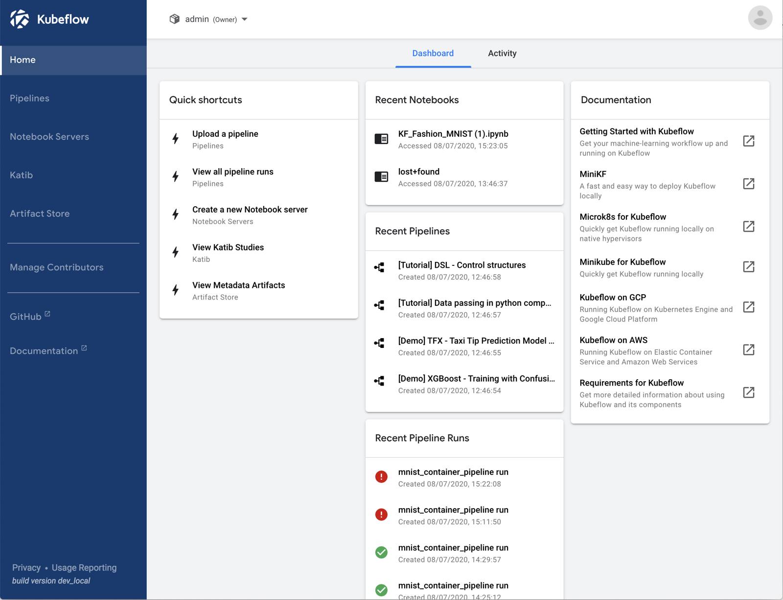 Kubeflow&rsquo;s dashboard